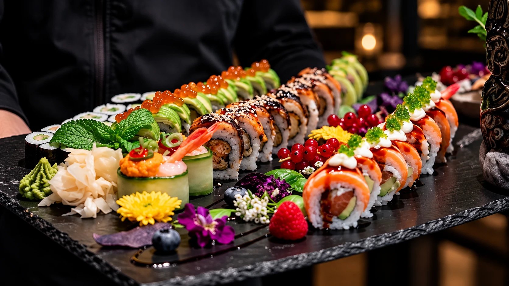 Lange Schieferplatte mit bunten Sushi-Rollen, Lachs, Avocado und essbaren Blüten wird serviert