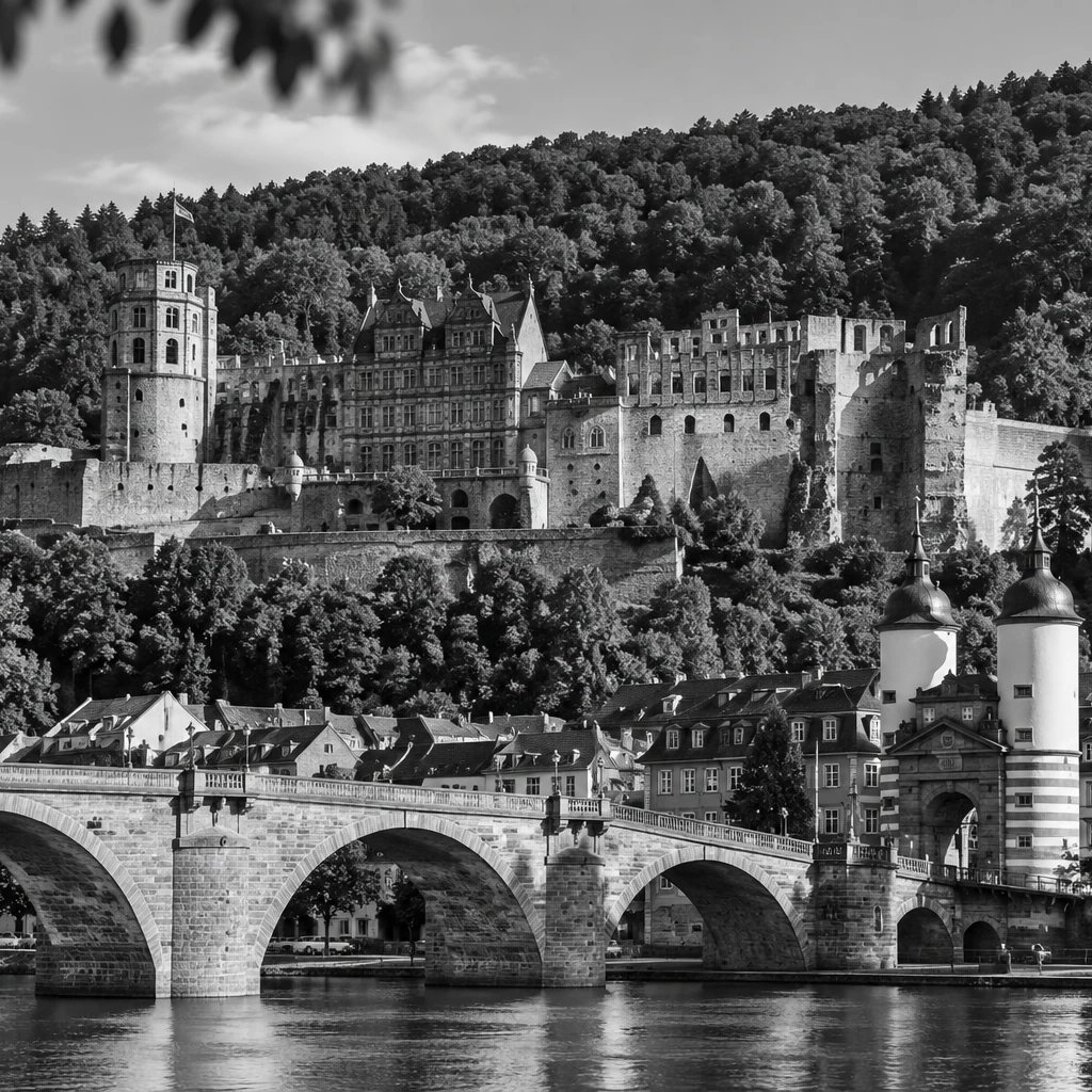 Das Heidelberger Schloss über der Alten Brücke am Neckar, Schwarz-Weiß-Aufnahme
