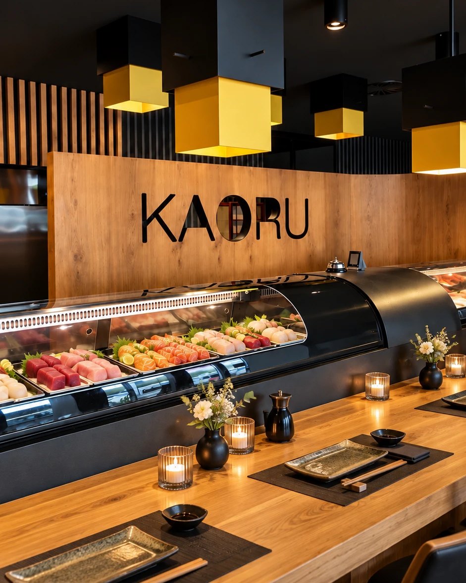Sushi-Theke mit Auslage und eingedeckter Theke im KAORU Restaurant Mannheim