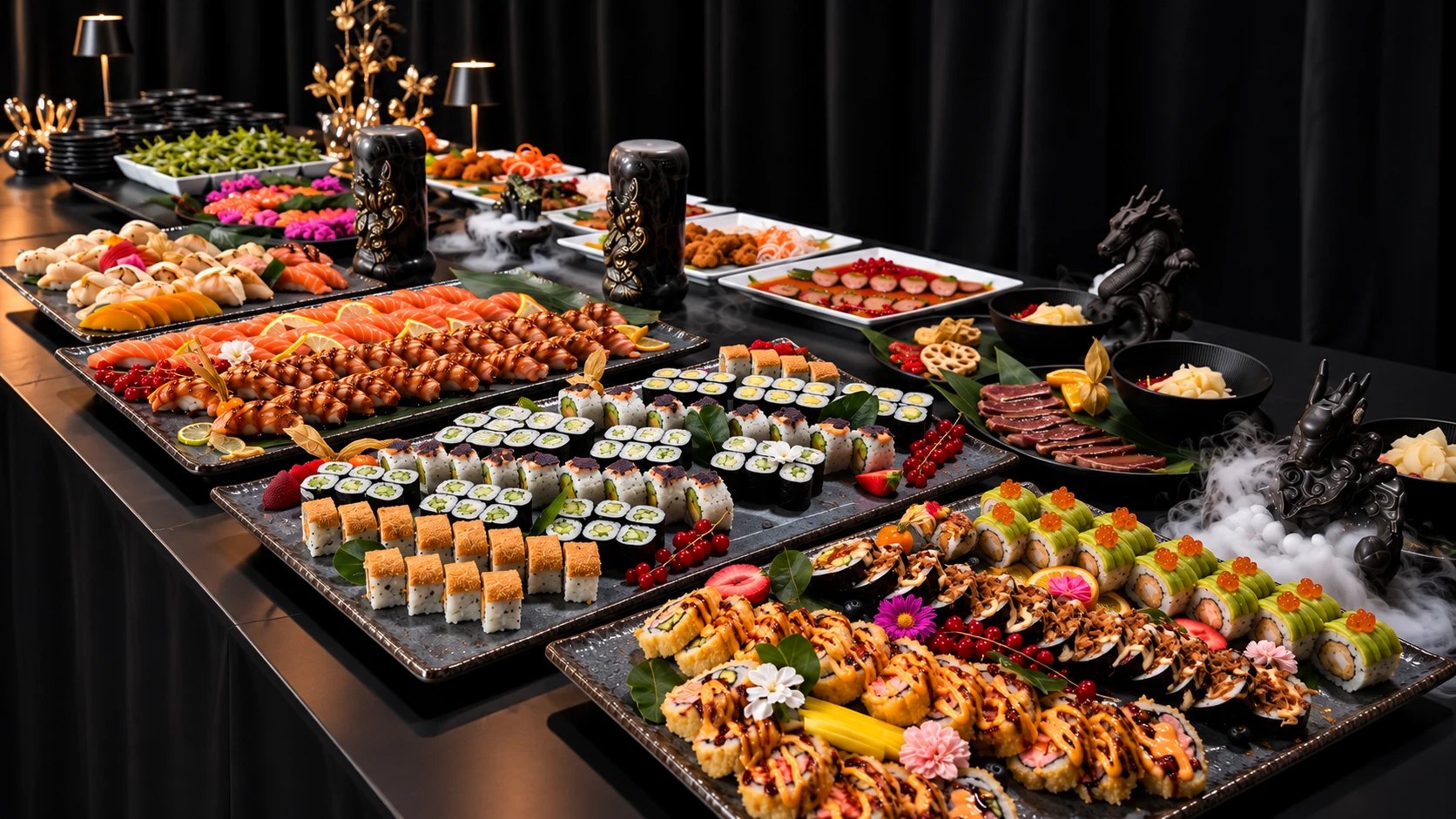 Lange Buffettafel mit Sushi-Platten, Sashimi und Fingerfood bei einer Abendveranstaltung